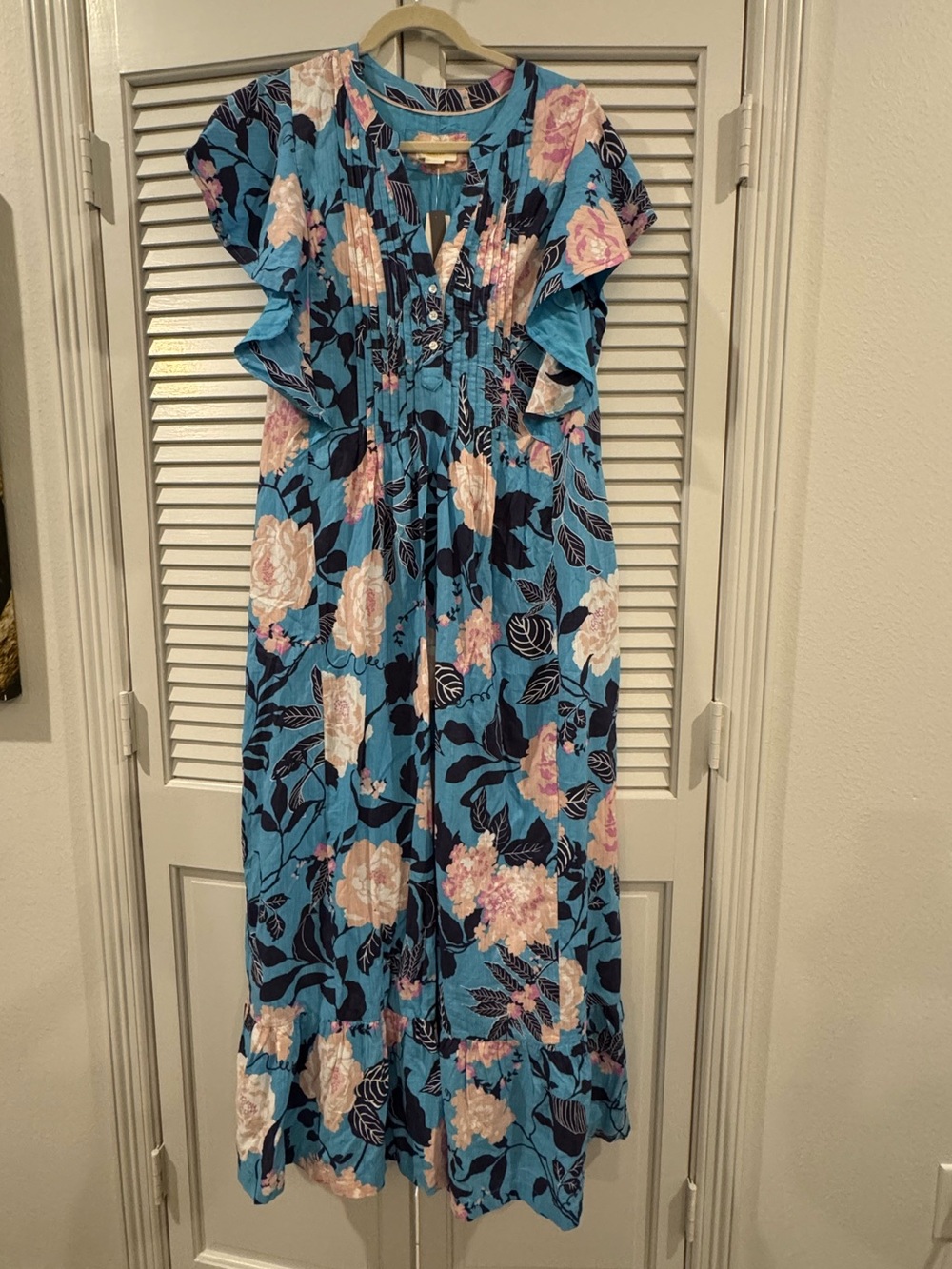 Maeve by Anthropologie sz MED Sky Blue Floral Maxi Dress with Pink Blooms